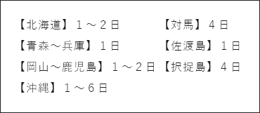 【北海道】１～２日【青森～大阪】１日【兵庫～鹿児島】２日【沖縄】１～６日【対馬】４日【佐渡島】１日【択捉島】４日